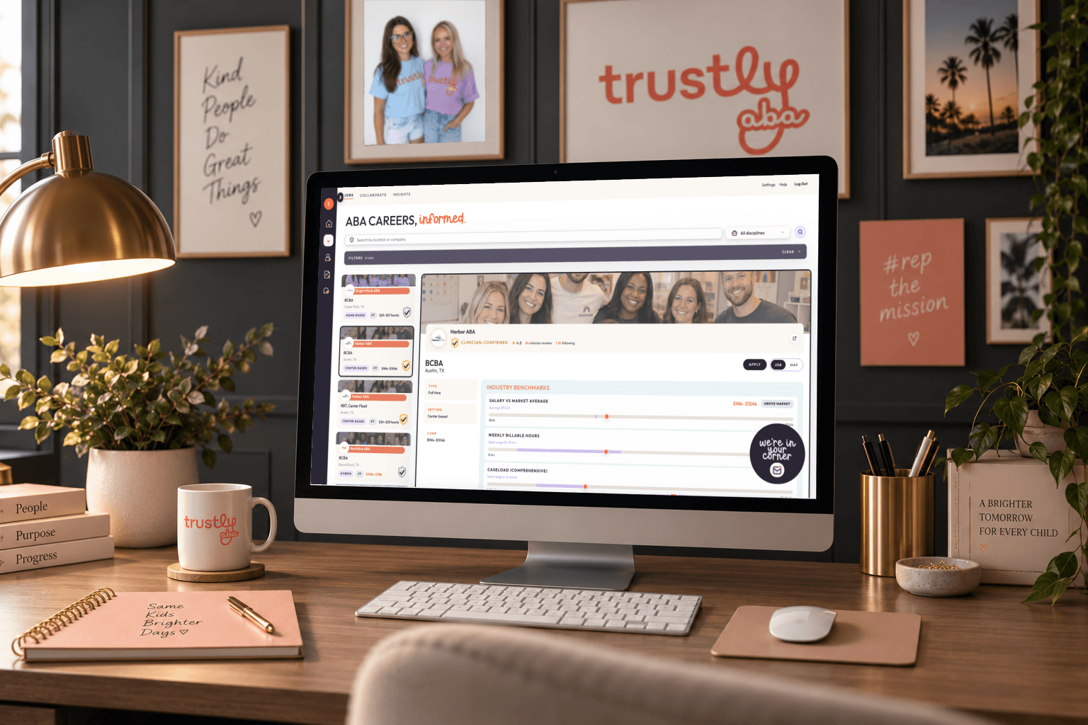Trustly ABA Trusted Jobs dashboard displayed on a desktop in a workspace illustration